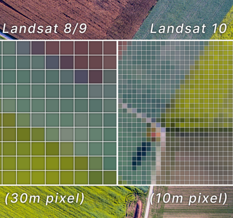 Comparison graphic showing Landsat 8/9 30-meter pixels versus Landsat 10 10-meter pixels over farmland