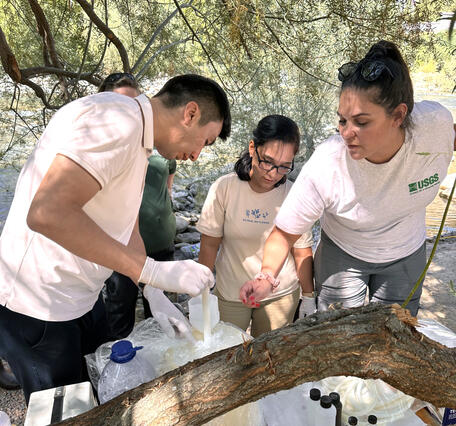 Discrete water sample processing at a monitoring site on the Ugam River, Uzbekistan 