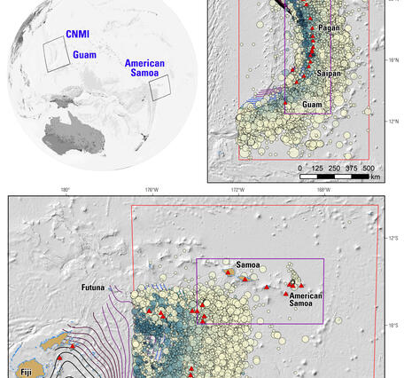A location map and inset maps of the National Seismic Hazard Model areas of interest for the Pacific Territories.