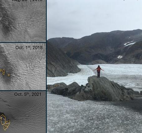 Panel images showing change in ice cover of  rock.
