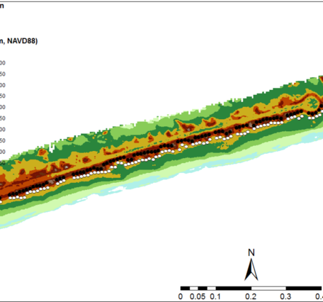 A band of red, yellow and green with white dots showing lidar derived elevations from Santa Rosa Island, FL