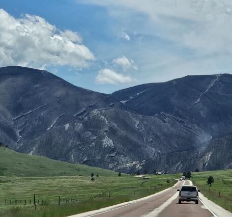 gray hill slopes in background lack vegetation highway and vegetation in image foreground