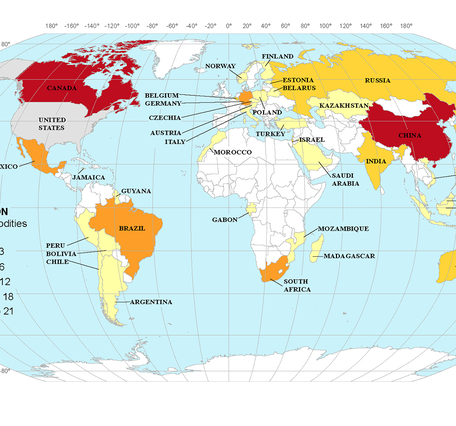 World map showing countries the US relied on for mineral imports from 2020-23.