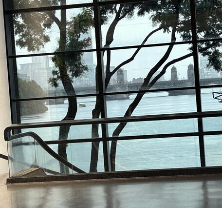 View of the Longfellow Bridge and the Charles River, Boston from a window inside the Museum of Science