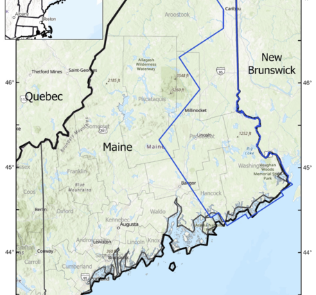 Blue irregular outline shows Eastern Maine Earth MRI Survey