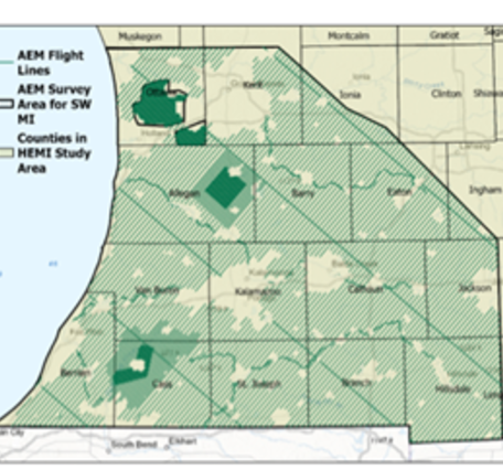 A map of southwestern Michigan. It's dark green and light green showing county lines and flight paths for the aerial survey