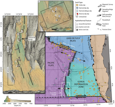 Map of Escanaba Trough, showing tectonic setting and survey lines