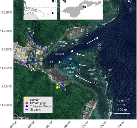 Maps of the study area and instrumentation in Faga'alu Bay