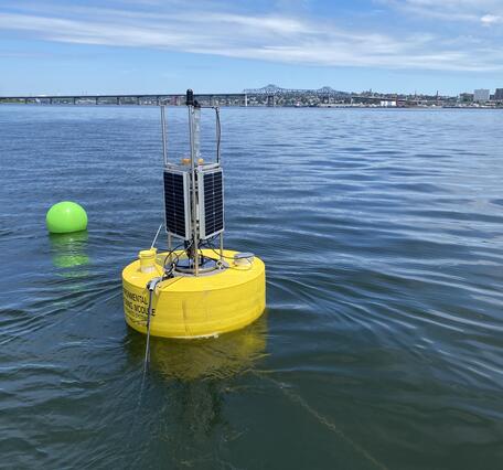 A yellow buoy holding water quality equipment floating in a bay.
