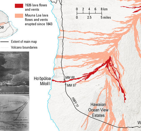 Color graphic showing lava flow map and images of eruption