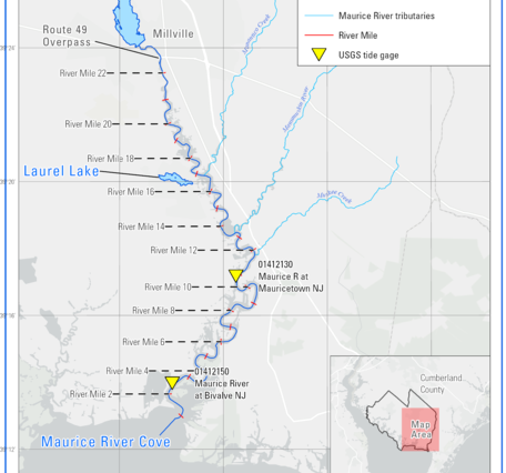 Map of the Maurice River indicating Tide monitoring sites