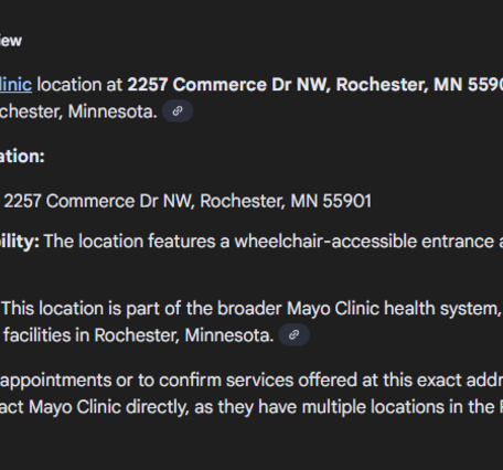  Screenshot of the AI Overview results for “Mayo Clinic 2257 Commerce Drive”. 
