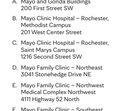Screenshot of the Mayo Clinic location list from their official Mayo Clinic Campus Maps brochure.