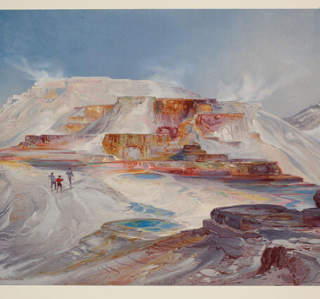 painting showing blues, reds, and yellows coloring a hot spring terrace formation that is batten of vegetation