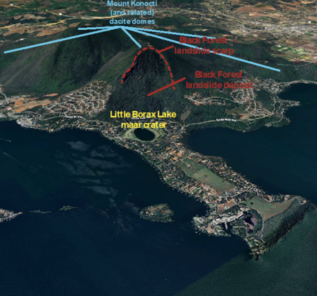 Aerial view of Mount Konocti, highlighting Little Borax Lake, the Black Forest landslide scarp and deposits