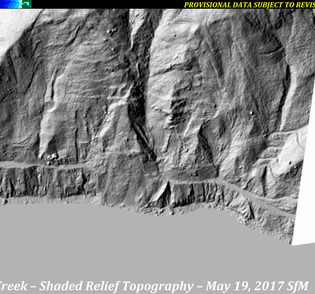A series of images from various sources of shaded-relief topography show the progression of the Mud Creek landslide area.
