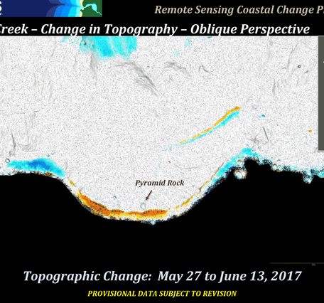 A series of images showing a steep cliff along the coast from two different dates and the change between them.