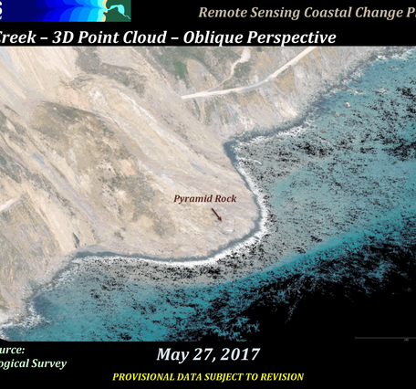 A series of images showing a steep cliff along the coast from two different dates and the change between them.