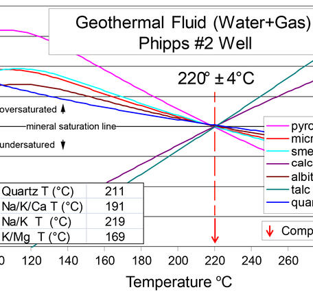 several lines marking the saturation of different minerals converge at a temperature of 220 Celsius 