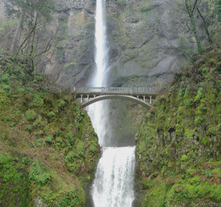 white water falls over basalt wall. Stone walking bridge crosses rock covered in temperate rainforest vegetation in center
