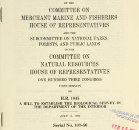 image shows the cover page for the National Biological Survey Act of 1993