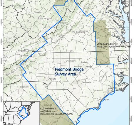 Blue irregular outline shows lEarth MRI Piedmont Bridge survey of parts of Virginia, West Virginia and the Carolinas.