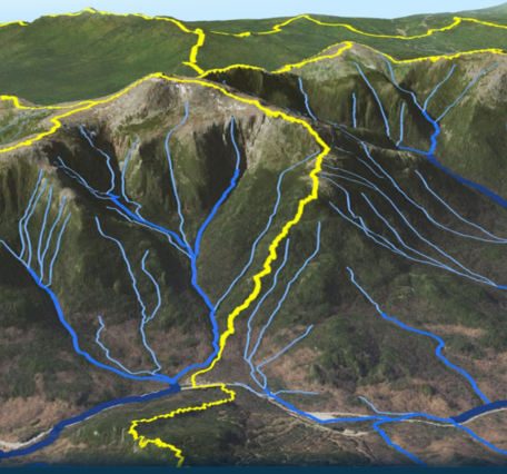A drawing of a mountain range with yellow and blue lines cascading down.