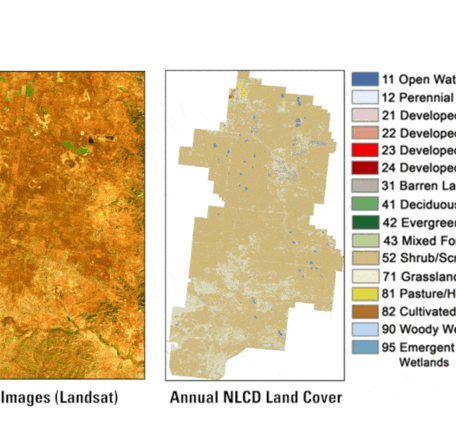 Animations side by side, one showing land and one showing representative colors of land cover types