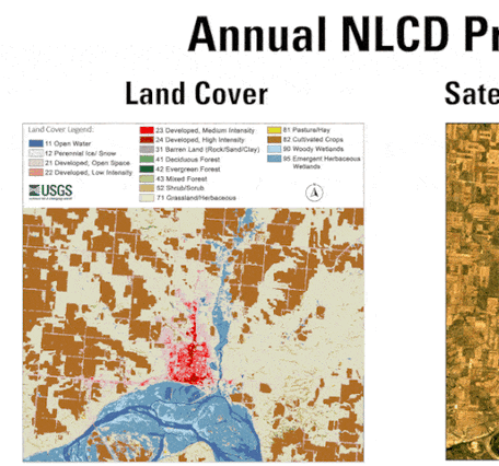 Three animations showing a city's change over 40 years, side by side with a title above