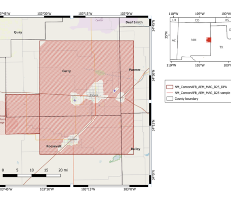 Grid in eastern New Mexico and West Texas shows two red squares where a low-level flight will image geology to find water.