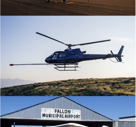 Three survey aircraft—a small plane, a helicopter, and another fixed‑wing plane—each equipped with a sensor stinger.