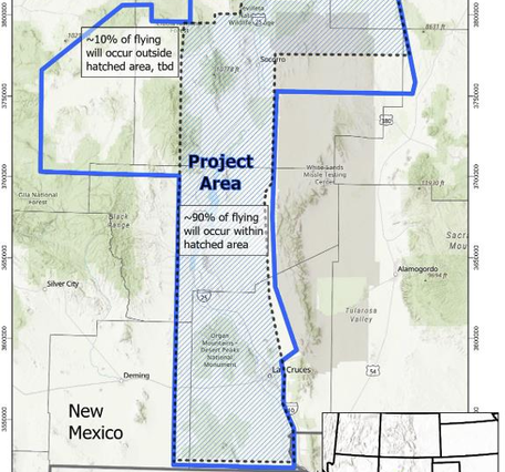 Map of southern and central New Mexico with a shaded survey area marked across several counties.