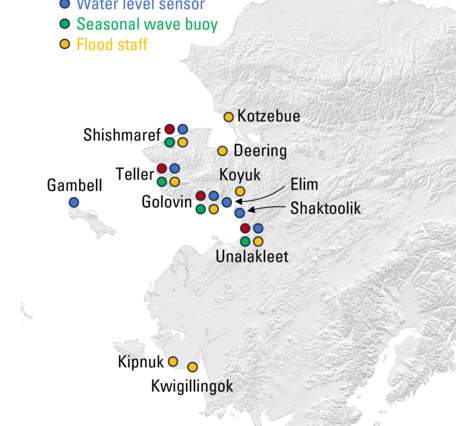 Map showing locations near-real time coastal monitoring equipment in western Alaska