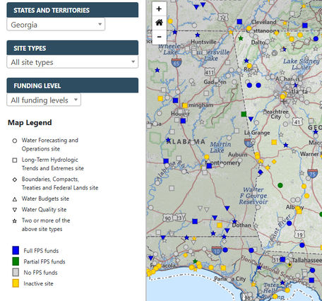 Screenshot of the USGS Federal Priority Streamgages Mapper, centered on Georgia
