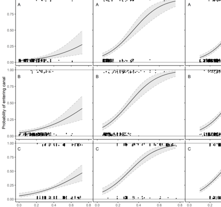 nine panel plot of passage entrainment vs canal flow