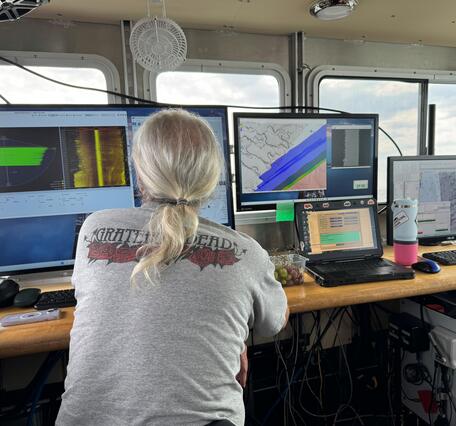 Person sitting at desk onboard a ship in front of multiple computers showing seafloor mapping data