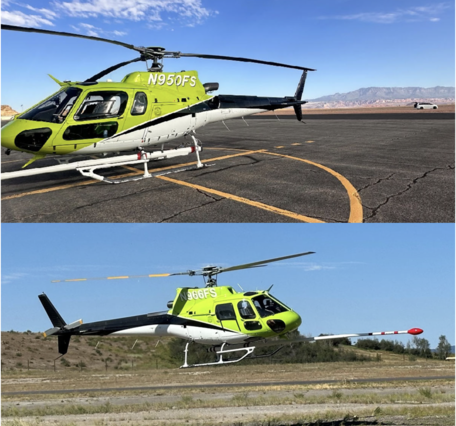 Lime green helicopter parked below blue sky.