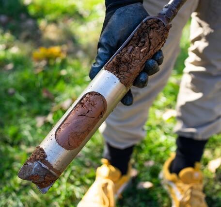 A scientist holds a cored sediment sample in a park.