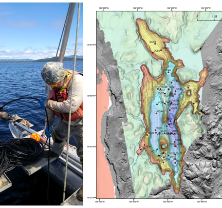 Photo of 2019 Ozette Lake fieldwork and bathymetric map showing core locations