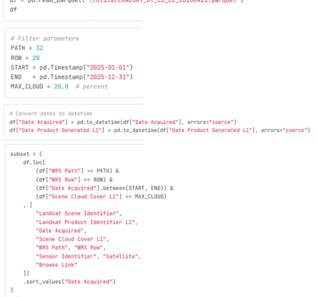 This screenshot displays the first steps of accessing information from Landsat Bulk Metadata contained in Parquet files. 