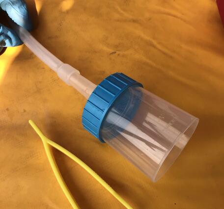 Parts of eDNA sampling equipment: a hose attached to a plastic cup and tweezers