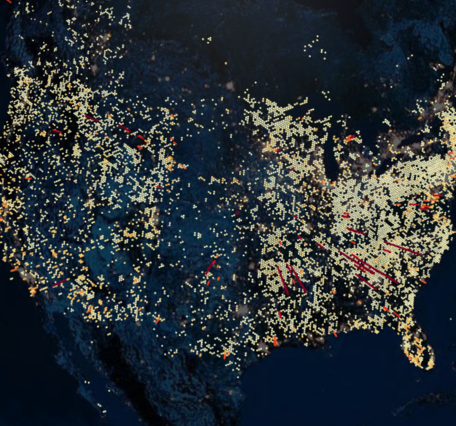 dark blue map of the continental United States with yellow, white, and red bars sticking up from map