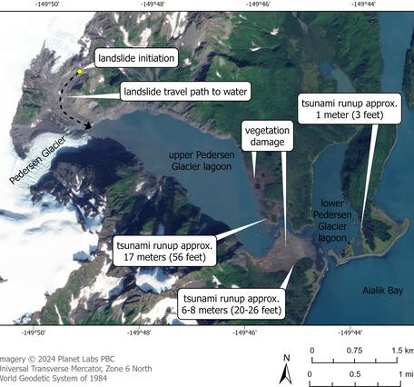 Map marking the landslide initiation point, landslide travel path to water, and tsunami runup estimates