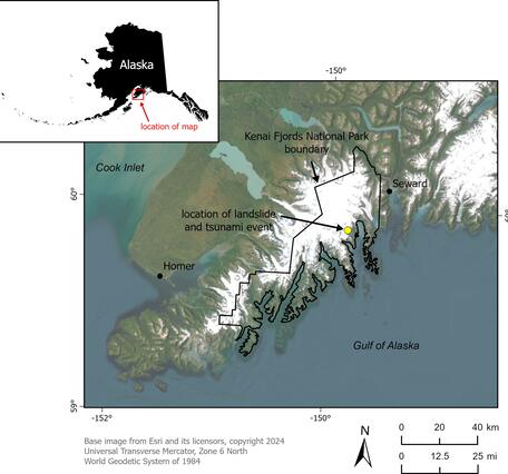 Map showing the location within Alaska of the Pedersen Lagoon Landslide and NPS boundary 