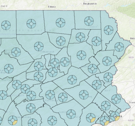 map of pennsylvania with counties and circular symbols colored blue to indicate drought status