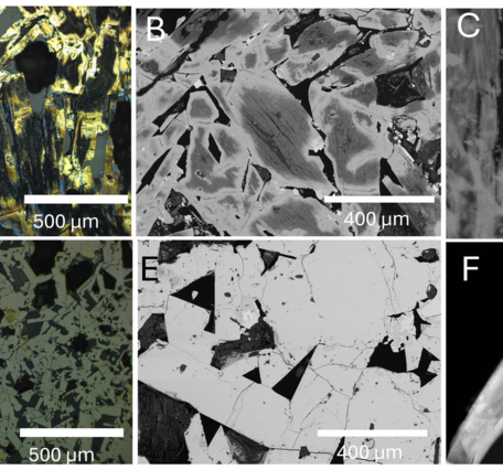 Petrographic, SEM, and STEM images of bladed marcasite and bladed pyrrhotite