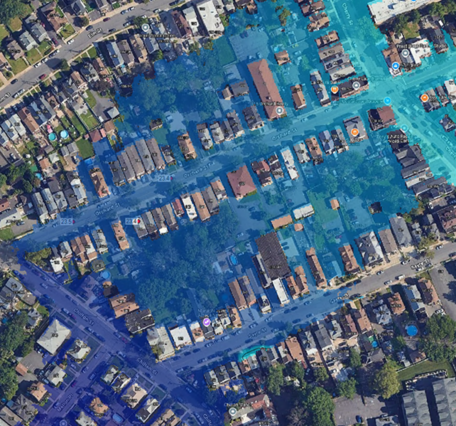 Aerial view of a section of the City of Elizabeth with potential flooding overlayed.