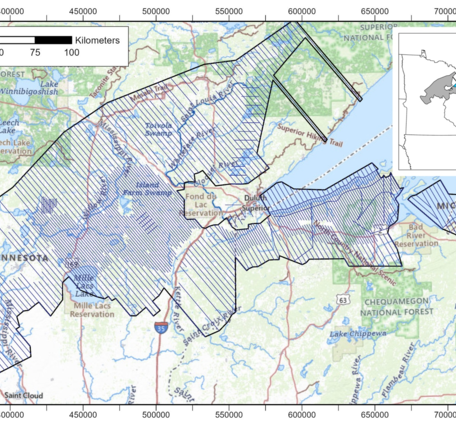 A map showing the aerial survey in Michigan, Wisconsin and Minnesota. 