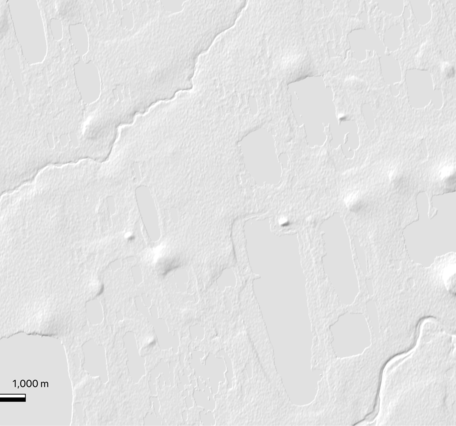Gray mapping image with several steep-sided pingos as raised bumps.