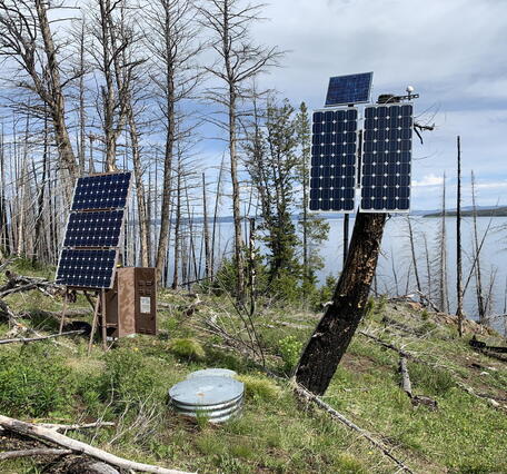 Solar panels and equipment lockers among dead trees with a lake in the background under partly cloudy skies